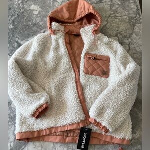 New! Billabong Women White and Copper Sherpa Jacket with Front Zipper L